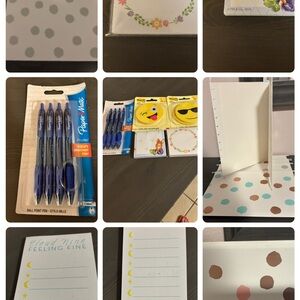2 emoji stick notes (60) , 2 stick notes, 5 hanging files, 1 notepad, 4 pens.